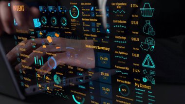 Envanter yönetimi torpido gözünde tedarik zinciri performansı, hisse değerleri, sipariş döngüsü zamanları, maliyet düşüşü ve tedarik ROI görülüyor. Envanter takibi ve depo verimliliği. Thunk