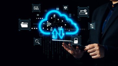 Tarz sahibi işadamı akıllı telefonu bulut teknolojisine bağlanmak, dijital veri transferini göstermek ve güvenli bilgi paylaşımının önemini vurgulamak için kullanır. Dörtgen