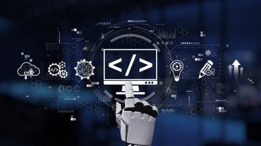 A robotic hand reaches toward a digital screen displaying programming symbols and icons, representing the fusion of automation and technology in modern software development. Synapse