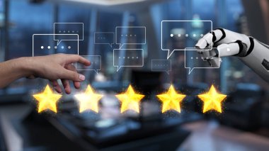 A human hand and a robotic hand reach for each other, symbolizing communication and connection in a modern office. The five-star rating reflects user feedback and satisfaction. Auvana