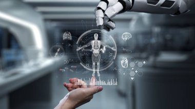 Robot ve insan eliyle insan anatomisi ikonunu işaret ediyor. Robot el ve insanın birlikte çalışırken röntgen hologramıyla bulanık labaratuvarı işaret etmesine yakın çekim. Sağlıklı..
