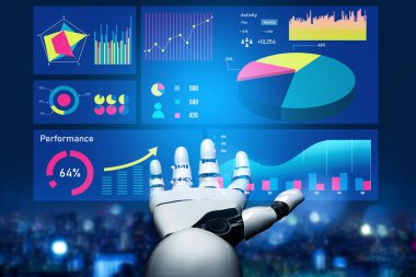 A futuristic robotic hand interacts with a digital dashboard showcasing various analytical data visualizations, presenting key insights and performance metrics. Impute