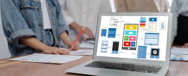 Hareketli mobil uygulama ve web sitesi için UX UI tasarım süreci. Profesyonel uygulama geliştiricisi için kablo grafiğinin yaratıcı prototipi .