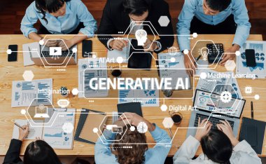A vibrant team engages in a collaborative discussion on generative AI concepts while utilizing data visualizations and digital tools in a contemporary office setting. Amity