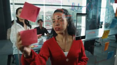 Akıllı iş adamlarından oluşan bir grup, yatırımcı uzmanına proje sunar. Profesyonel proje yöneticisi başlangıç projesini açıklamak için yapışkan notlar kullanır, uzman yatırımcıya beyin fırtınası fikirlerini paylaşır. Yönlendirici.