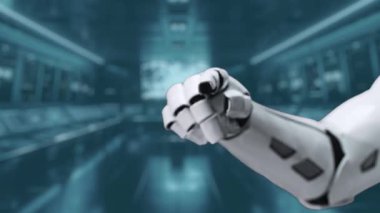 A futuristic robotic hand interacts with a digital interface featuring various icons, symbolizing the integration of technology, business processes, and global communication. Auvana