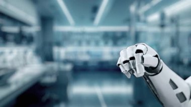 Robotik el işaretini kapat ve bulanık laboratuvar geçmişine sahip çapraz holograma dokun. Tıbbi verilere erişmek ve onları teşhis etmek için robot el tıklaması. Sağlıklı..