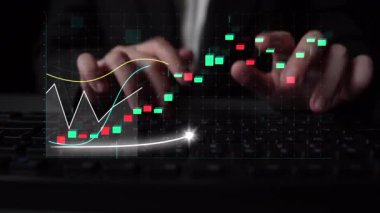 A close-up view of hands typing on a keyboard, analyzing financial market data represented as candlestick graphs with an upward trend in a professional setting. Copula