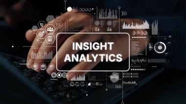 Abstract representation of data analysis and insights with hands typing on a keyboard, futuristic graphics and analytics overlay. Asymptotic smart data analytic.