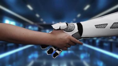 A human hand reaches out to a robotic hand in a digital environment, symbolizing the interaction between AI technology and human creativity with communication icons. Auvana