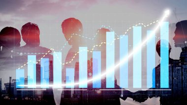 This image captures the essence of business growth and collaboration, featuring silhouettes of people against financial charts, symbolizing success and modern corporate dynamics. Copula