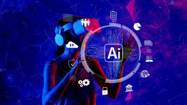 A woman immersed in virtual reality experiences advanced AI technology, symbolizing the forefront of innovation in digital communication and interactive design. XDMCP