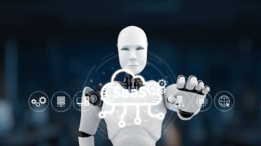 A futuristic robot illustrating the concept of cloud computing and software as a service in a high-tech office, showcasing modern technology and innovation. Synapse