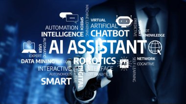 A modern representation of an AI assistant featuring key terms like chatbot, robotics, and automation highlighting advancements in technology and innovation. Tessel