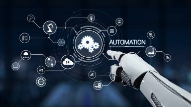 A captivating image featuring a robot hand pointing at a digital automation concept, surrounded by icons that symbolize technology, progress, and connectivity in a futuristic environment. Synapse