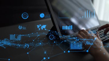 An engaging composition featuring hands typing on a laptop surrounded by abstract data visuals, showcasing the fusion of technology and data analysis in a contemporary work setting. Xenic