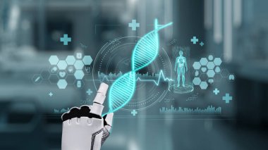 Tıbbi verilere ya da teşhis semptomlarına erişmek için robot ellerle DNA hologramına tıklayın. Yapay zeka semptomları analiz ederken genetik simülasyonda robot el kontrolü. Sağlıklı..