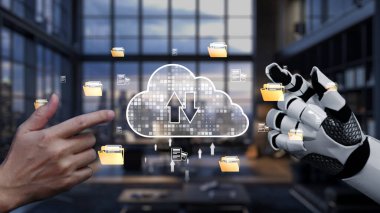 A unique image depicting a human hand and a robotic hand interacting through a digital cloud for data transfer, symbolizing collaboration in modern technology and workspace. Auvana
