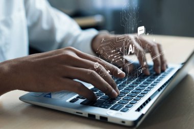 Yapay zeka sanal asistanı Chatbot ile yapay zeka konsepti ile insan etkileşimi, yapay zeka mühendisliği, LLM yapay zeka derin öğrenimi iş desteği için üretken yapay zeka kullanımı. FaaS