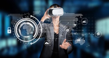 A business professional uses virtual reality technology to explore data analytics in a modern environment, enhancing financial planning and strategic insights for better decision-making. XDMCP