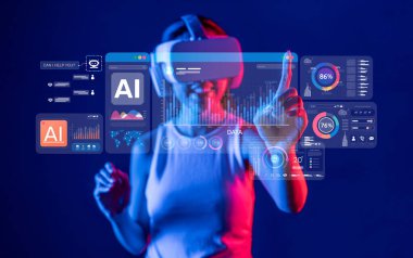 A person engaged with a virtual assistant in a high-tech environment, showcasing AI, data analytics, and interactive elements that emphasize future technology possibilities. XDMCP