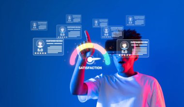 A young person interacts with digital feedback icons and satisfaction metrics on a blue background, showcasing the importance of customer review and online engagement. XDMCP