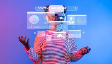 A person enjoys a virtual reality experience centered on content marketing, showcasing data analytics and interactive graphics that enhance user engagement and insight. XDMCP