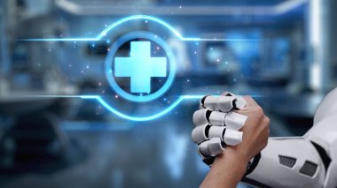 Robot elini kapat ve insan elini tıbbi çapraz hologramla sık. Yapay zeka ve insan birlikte çalışmak ya da bulanık laboratuarlarla yüzen çapraz hologramla anlaşma yapmak. Sağlıklı..