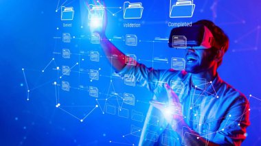 A user engages with a virtual reality interface, interacting with digital files and data visualizations in a vibrant and immersive futuristic setup. Raster