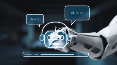 A robotic hand is engaging with a virtual chatbot interface, showcasing advanced technology in digital communication and automation within a high-tech setting. Synapse