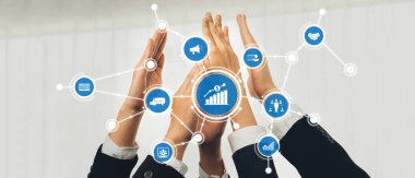 A dynamic image featuring diverse hands coming together, symbolizing teamwork and collaboration in a business context, complemented by growth icons and innovative elements. Amity