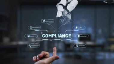 A futuristic image showcasing a robotic hand interacting with digital elements representing compliance, governance, and regulation in a modern office space. Synapse