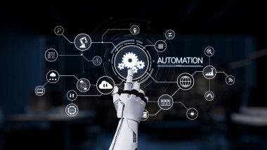 A robotic hand points towards various automation icons, symbolizing the intersection of technology and innovation in a modern workspace setting. Synapse