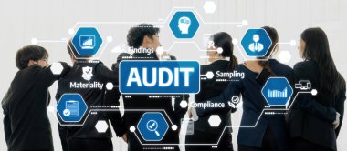 Team Collaborating on Audit Process Presentation with Icons Illustrating Materiality, Compliance, and Findings for Business Operations. Amity