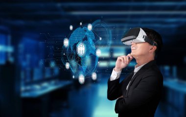 A business professional explores virtual reality technology in a modern office, symbolizing global networking and innovative digital communication in today digital landscape. XDMCP