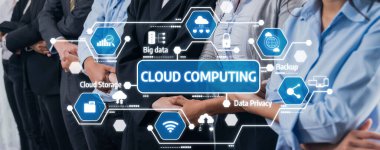 Image illustrating cloud computing concepts with representations of data privacy, management, and security. A group of professionals signifies collaboration in the tech industry. Amity