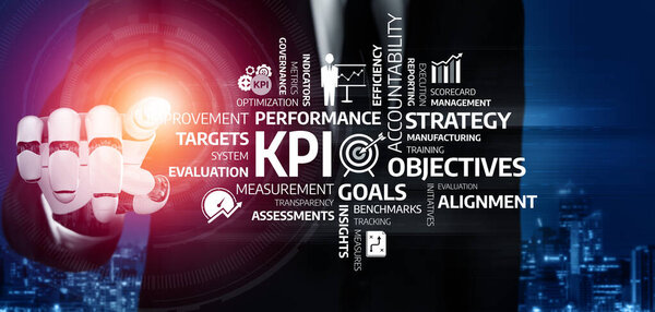 A businessman displays key performance indicators in a high-tech environment, emphasizing performance management through metrics, goals, and strategic alignment. Tessel