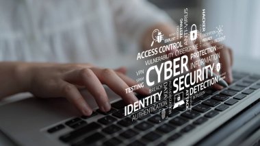 This image showcases a laptop keyboard with cybersecurity terms overlaying, highlighting the importance of protection and identity in the digital world. Tessel