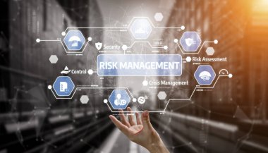 A visual representation of risk management concepts, showcasing hands reaching for digital icons related to security and crisis management in a modern business setting. Tessel