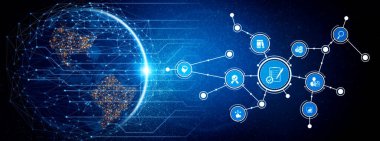 This image showcases a futuristic technology concept featuring global network connections and digital interfaces, perfect for illustrating modern business and communication themes. Tessel