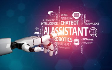 A futuristic robotic hand points at key concepts of artificial intelligence and chatbot technology, illustrating the integration of robotics in modern digital environments. Tessel
