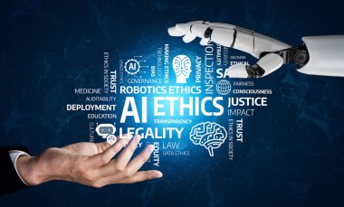 This illustration showcases the interaction between AI ethics and society, depicting a human hand reaching out to a robotic hand symbolizing trust and collaboration. Tessel