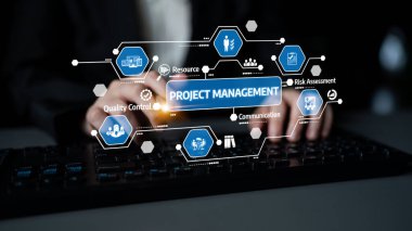 Hands typing on a keyboard with a visual overlay illustrating project management concepts, showcasing icons for teamwork, strategy, and efficiency in business settings. Tessel
