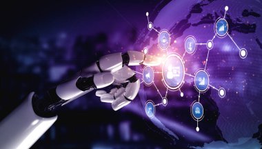 A sleek robotic hand reaches towards a glowing digital network, symbolizing the synergy between technology and connectivity in a modern cyber environment. Tessel