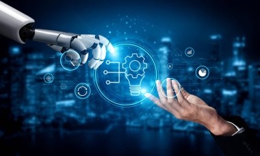 AI-driven business innovation and research for process automation. A concept of developing ideas and AI technology for strategic growth and analysis. Motif