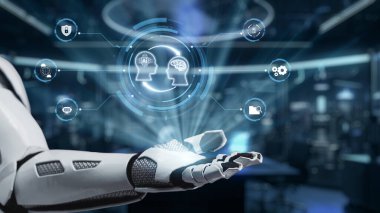 A robotic arm reaches out showcasing a futuristic digital interface with symbols of artificial intelligence and data analytics, illustrating advanced technology concepts. Auvana