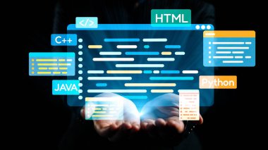 Yenilik ve modern yazılım geliştirme teknolojilerini temsil eden çeşitli programlama dillerini gösteren parıldayan bir dijital kod arayüzünü tutan ellerin kavramsal görüntüsü. Dörtgen