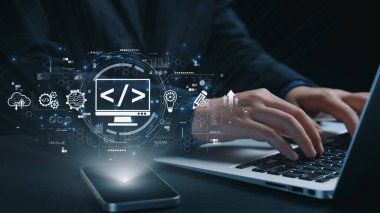 Kodlama sembolleri, web geliştirme süreci, web geliştirme arayüzü ve web geliştirme araçlarını içeren modern web geliştirme kavramı. Elide