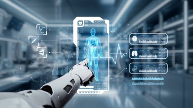 İnsan anatomisine tıklayarak tıbbi verilere ya da teşhislere ulaşın. Semptomu analiz ederken X ışını hologramında robot el kontrolü. Sağlıklı..