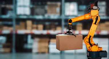 Yenilikçi depo ve fabrika dijital teknolojisi için akıllı robot kol sistemi. İnternet ağına bağlı IOT yazılımı kullanarak endüstri mühendisliği tarafından kontrol edilen otomasyon üretim robotu .